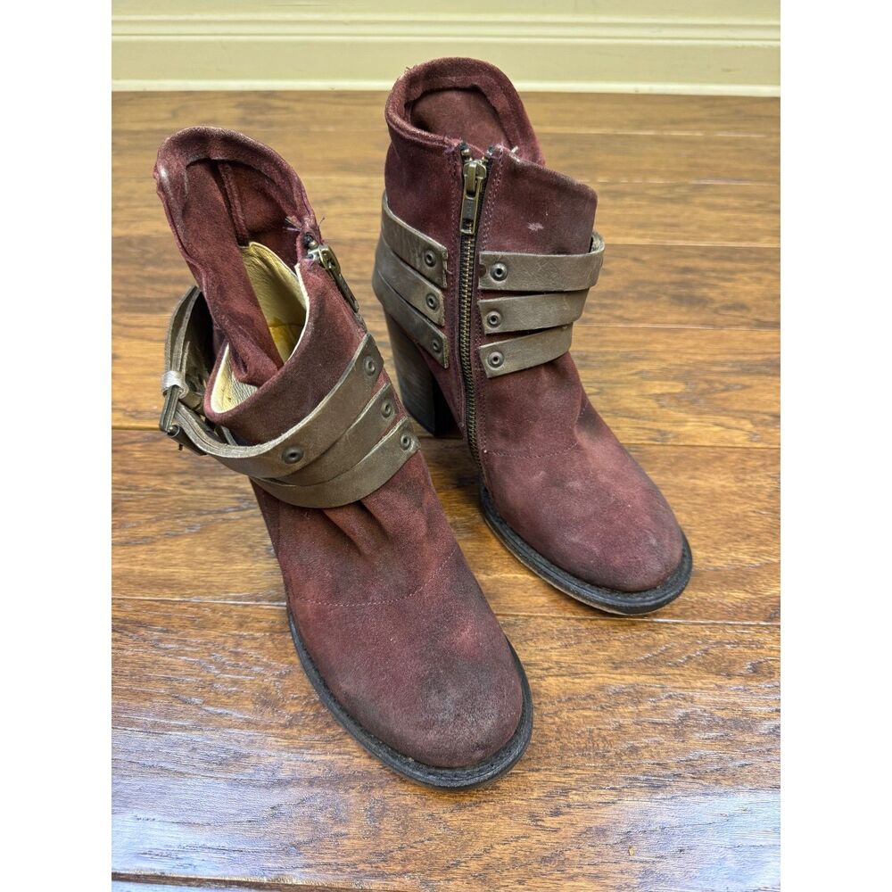 FREEBIRD Blaze Leather/Suede Strappy Booties, Wine, Sz 8